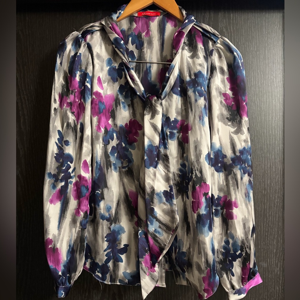 Anne Klein Floral Blouse - Blue/Gray and Pink